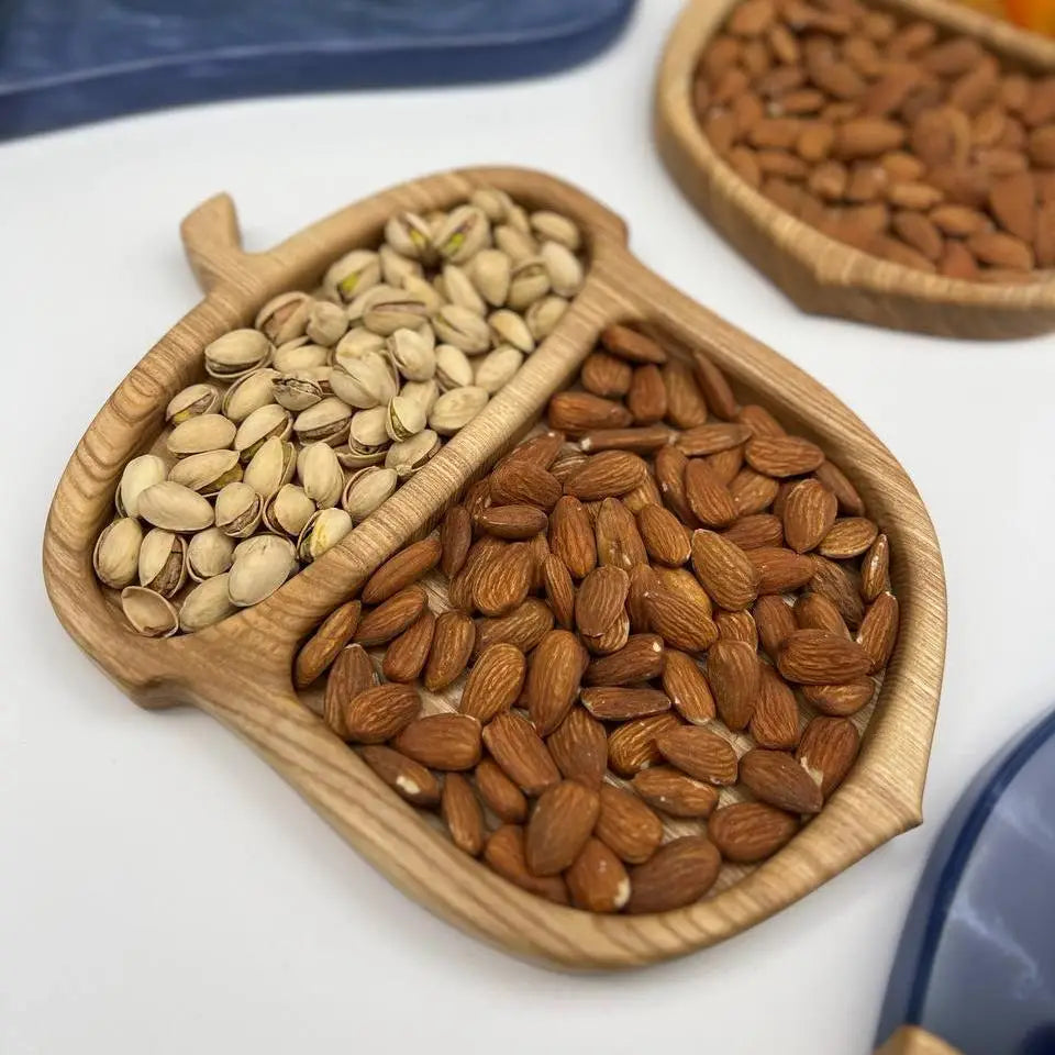 Handmade divided wooden tray for snacks and dried fruit