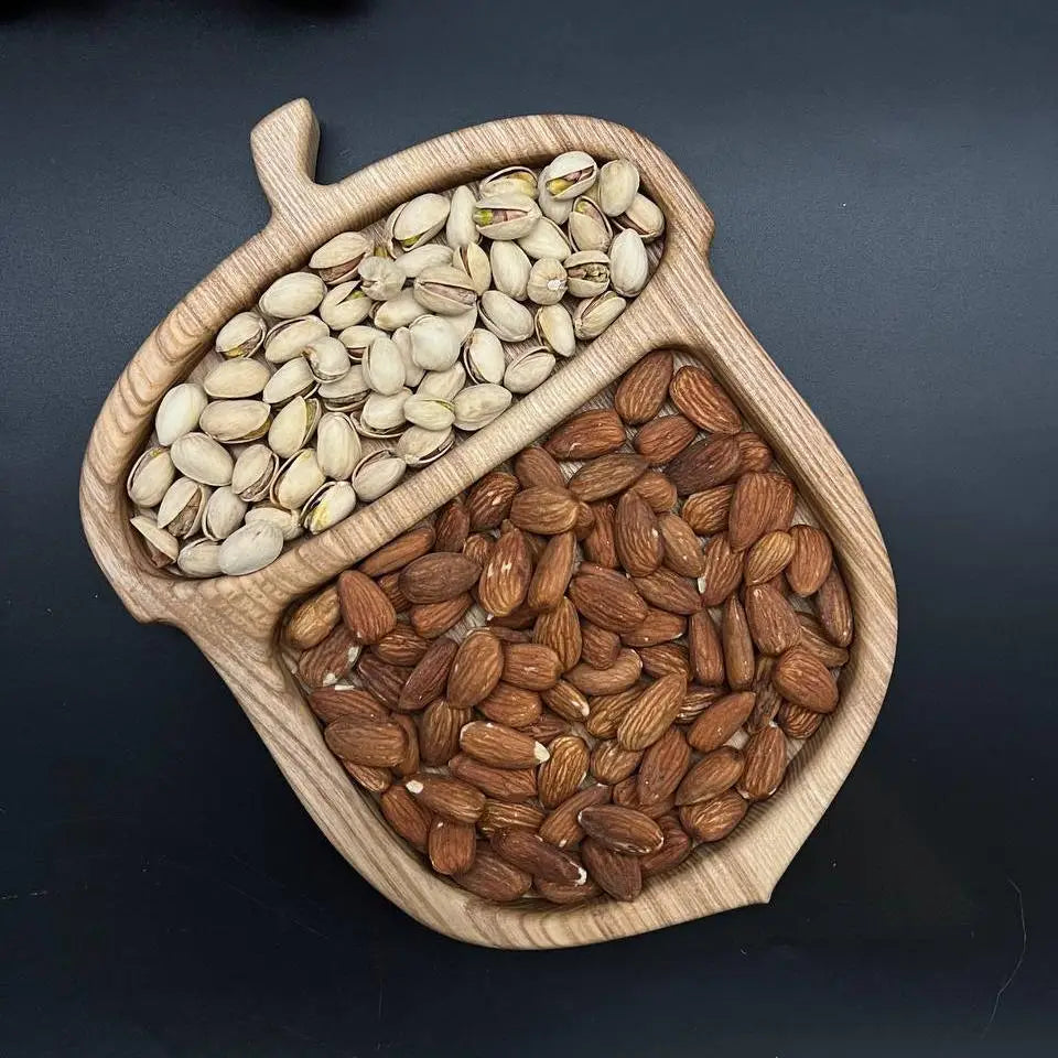 Natural hardwood serving tray shaped like an acorn for nuts, fruit and sweets