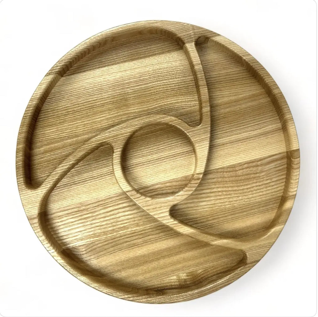 Round wooden serving tray with divided compartments