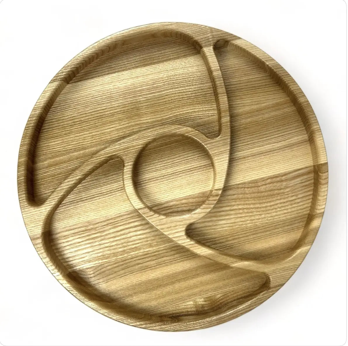 Round wooden serving tray with divided compartments