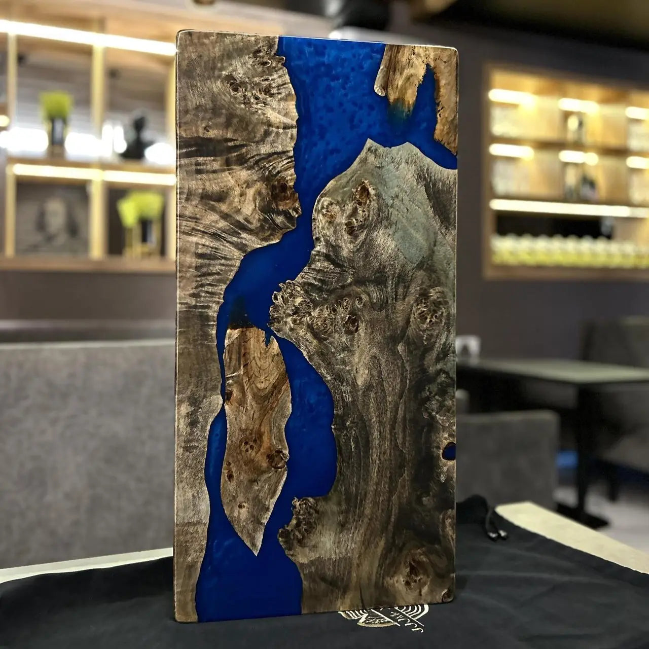 Beautiful wooden backgammon board with cobalt epoxy resin inlay