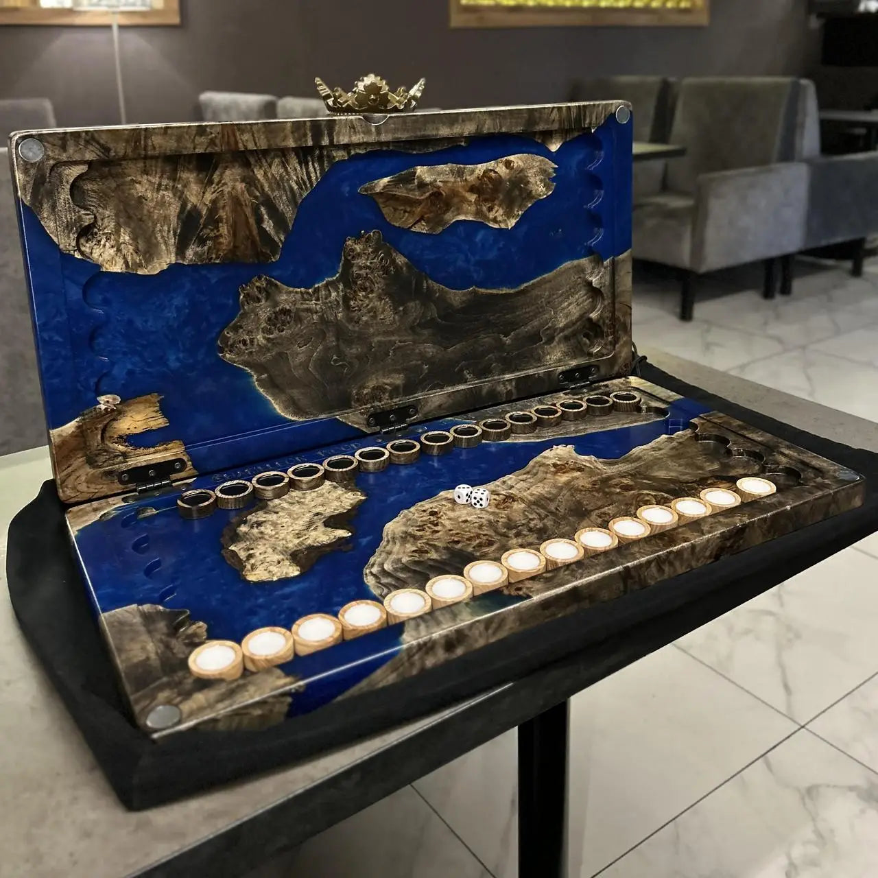 Cobalt luxury wooden backgammon board set opened for play
