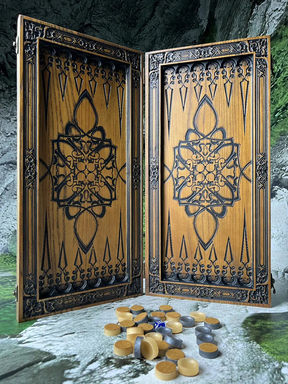 Handcrafted Joker backgammon case with detailed wood carving