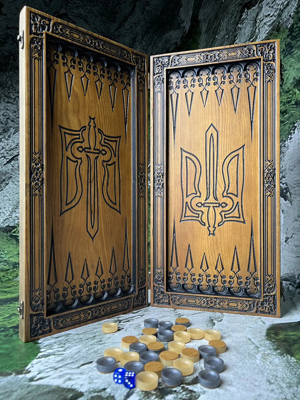 Handmade wooden backgammon board interior with carved sword motif