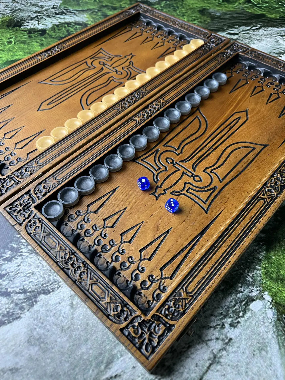 Interior backgammon board with Ukrainian trident design