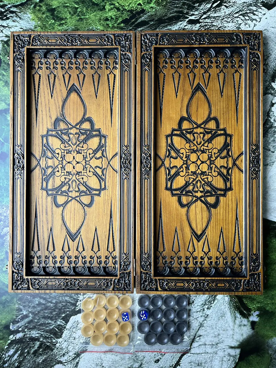 Open wooden Joker backgammon set with ornamental carved board