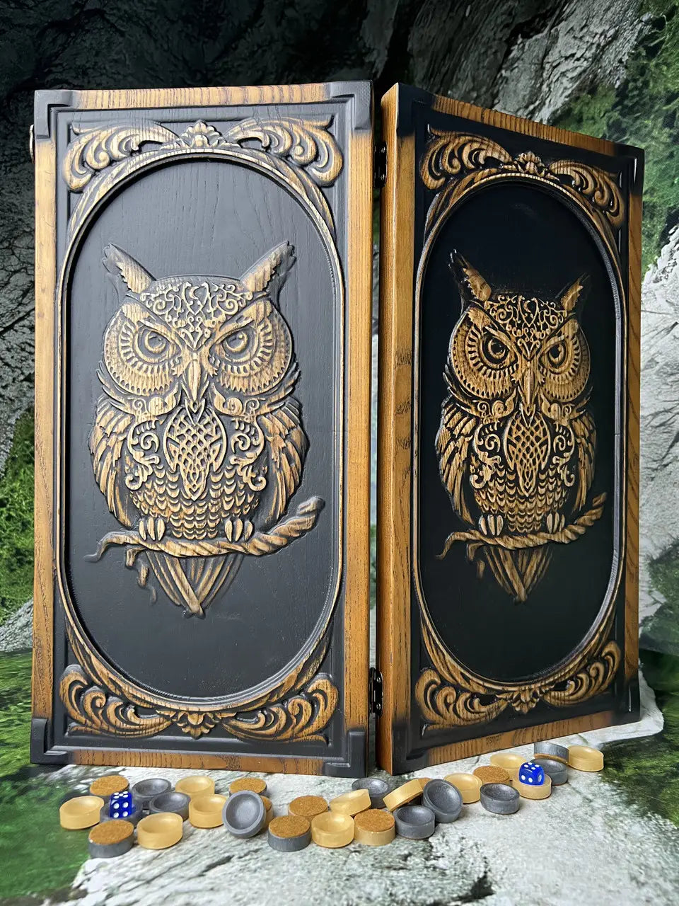 Handmade ash wood backgammon board featuring an owl carving