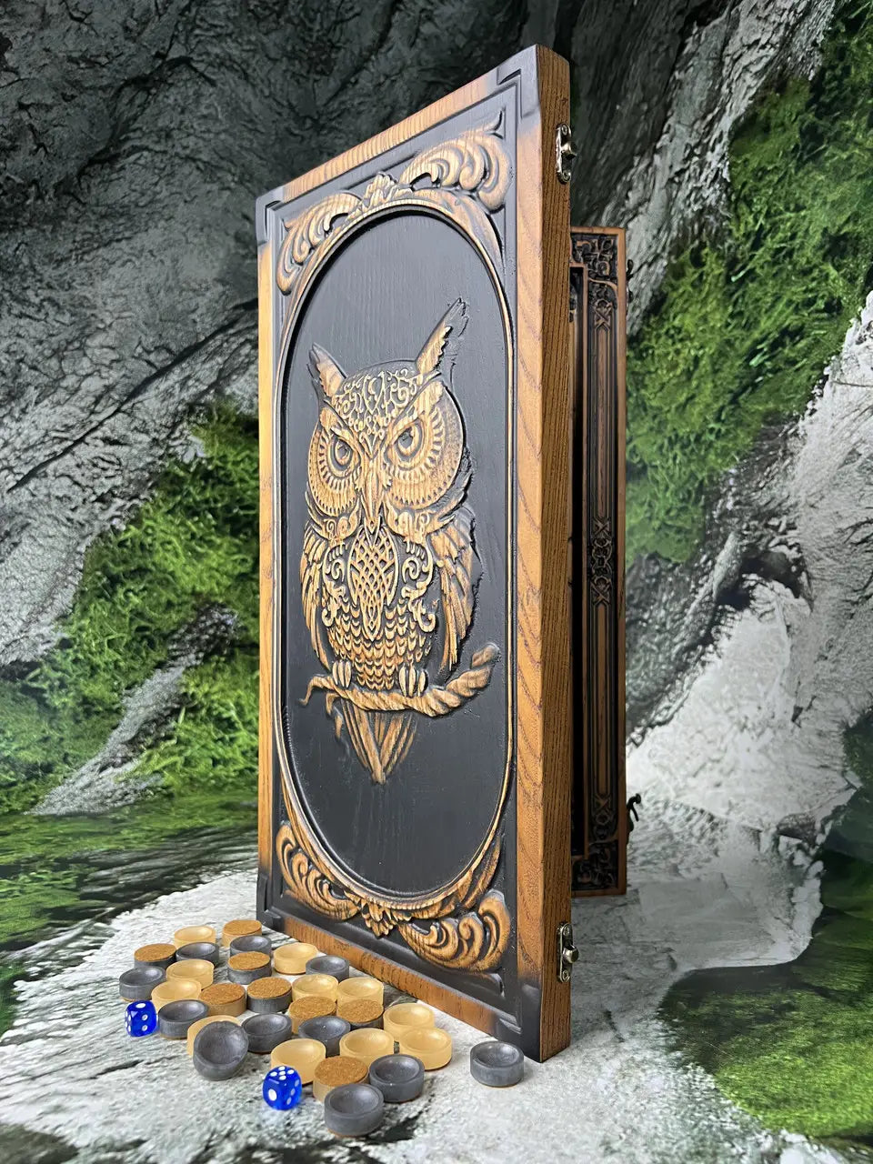 Premium carved owl backgammon set handmade from ash wood