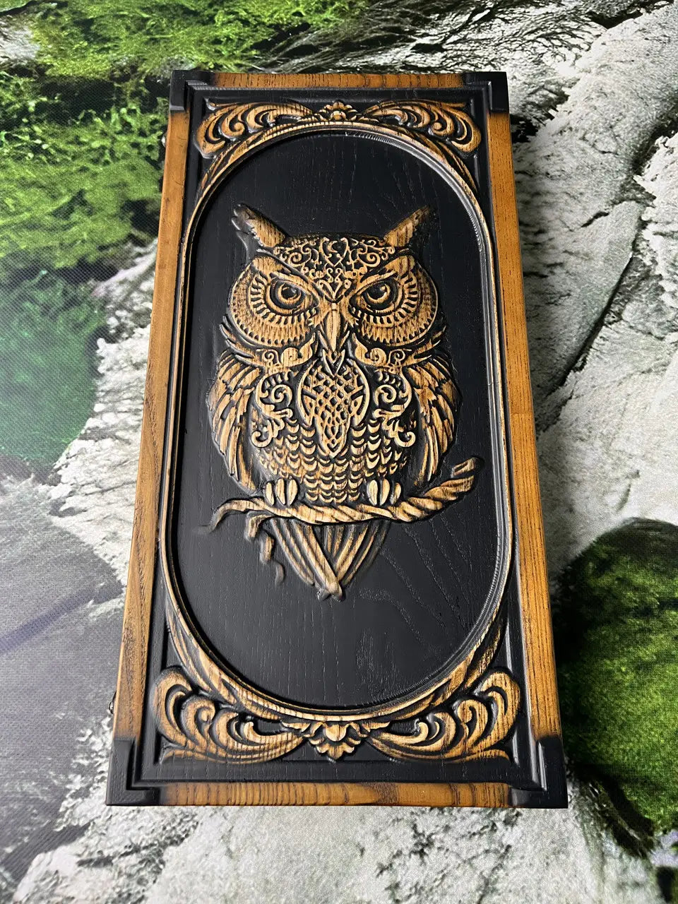 Handcrafted backgammon set with decorative owl design