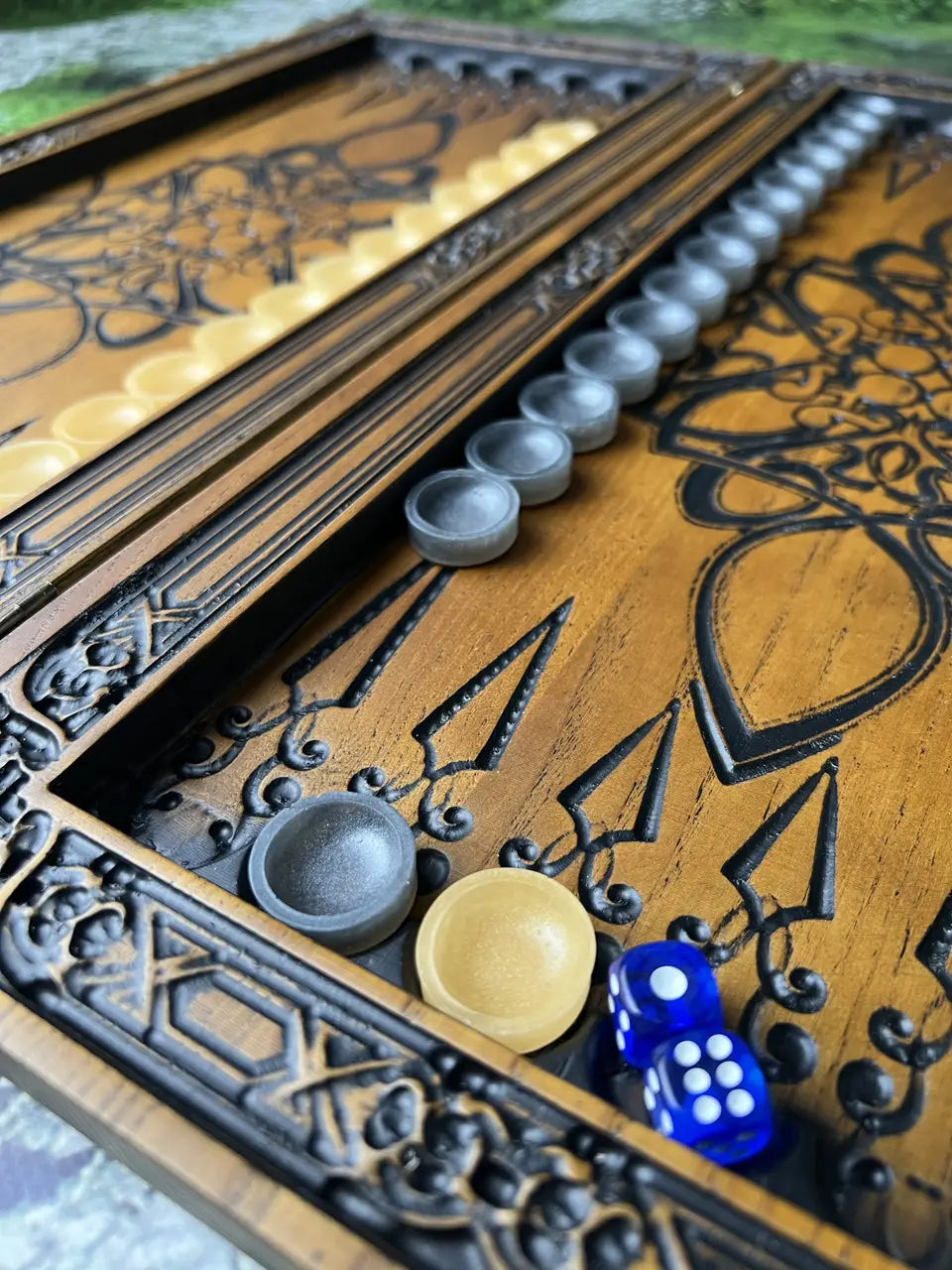 Open Virgo backgammon board with carved wooden playing surface