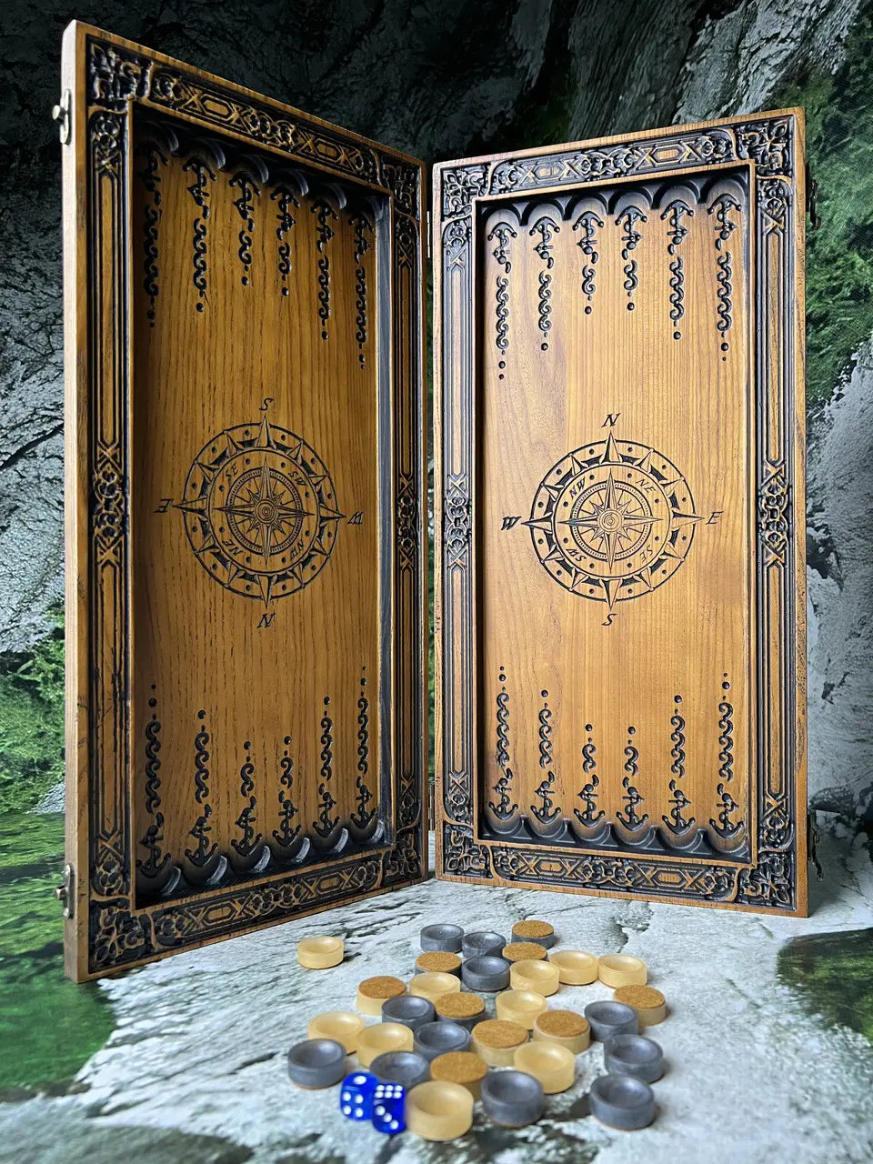 Carved ash wood backgammon board with Kraken skull artwork and game pieces