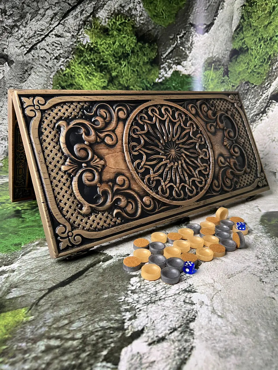 Handmade wooden backgammon game set crafted from ash wood