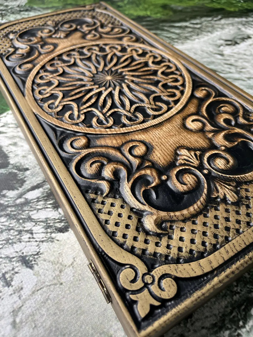 Beautiful wooden backgammon board set with Ukrainian ornament