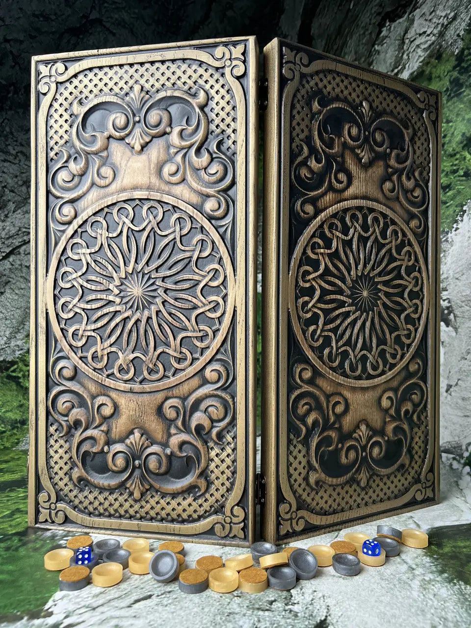 Open backgammon board set with traditional Ukrainian ornament