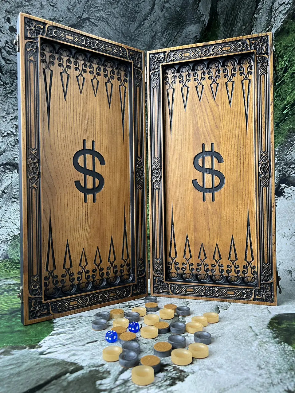 Wooden backgammon Bugs Bunny with dollar carving and complete accessories