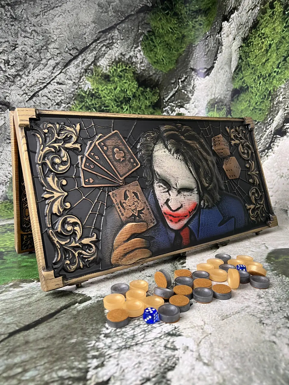 Handmade wooden Joker backgammon board with carved playing surface