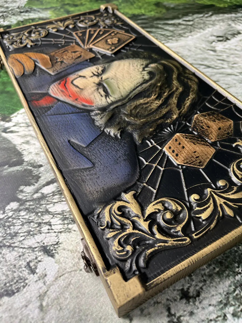 Front view of handmade Joker backgammon board made from ash wood