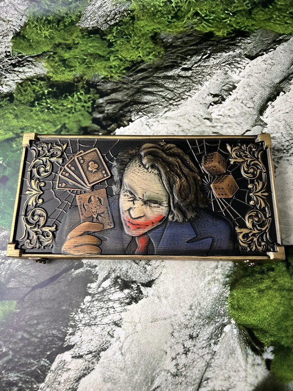 Angled view of carved Joker backgammon set with premium finish