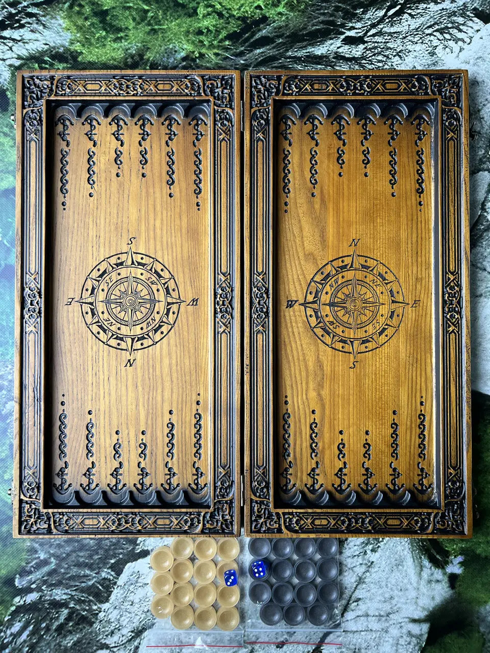 Luxury wooden backgammon set with compass playing field