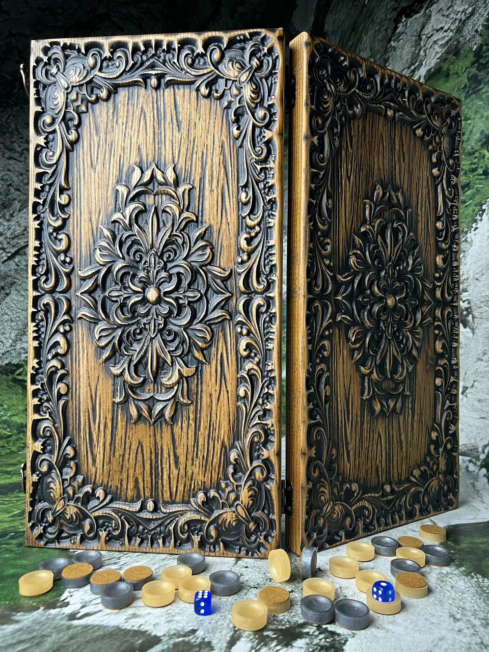 Open handcrafted wooden backgammon set with engraved playing surface