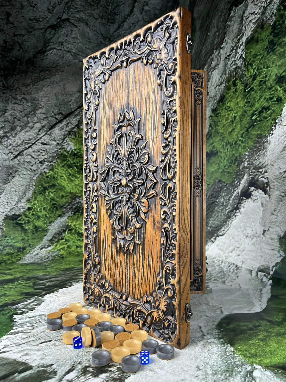 Open luxury backgammon board handcrafted from natural ash wood