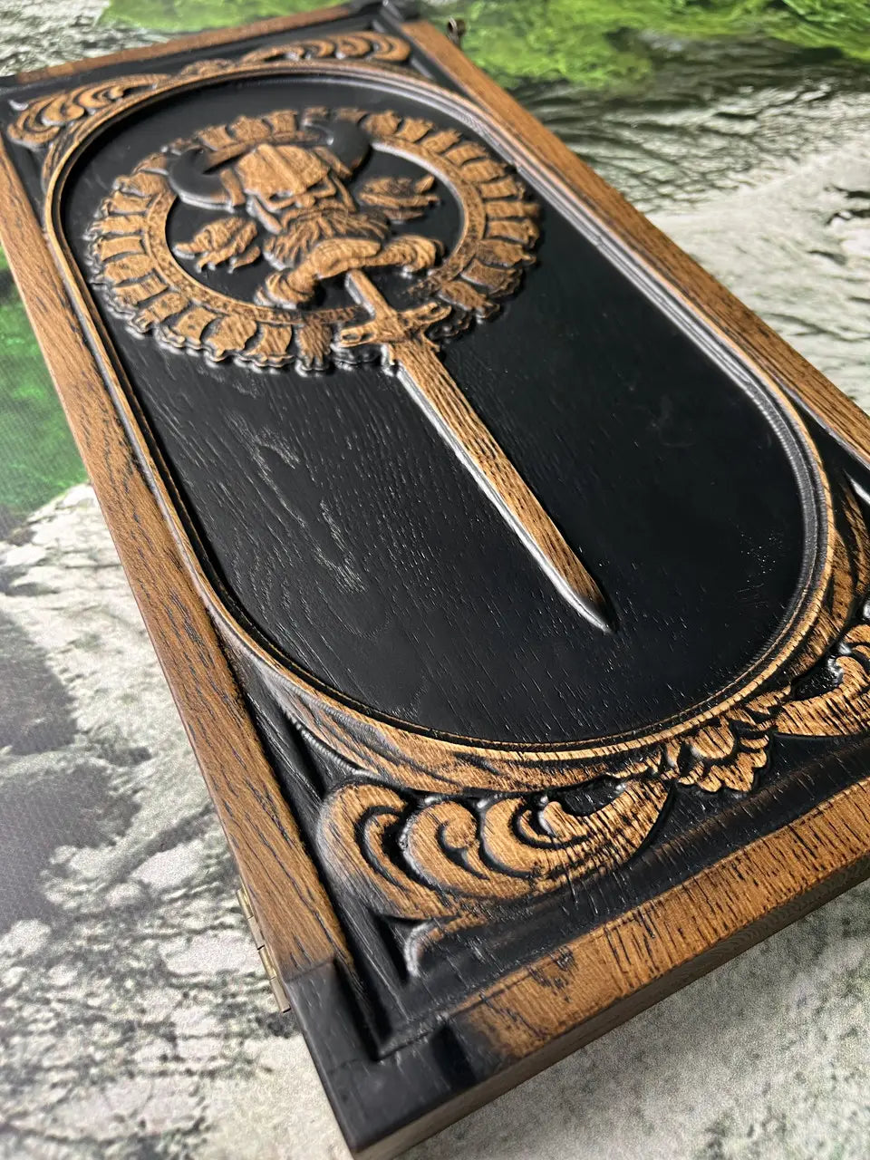 Handmade Viking wooden backgammon set with Norse carved playing board