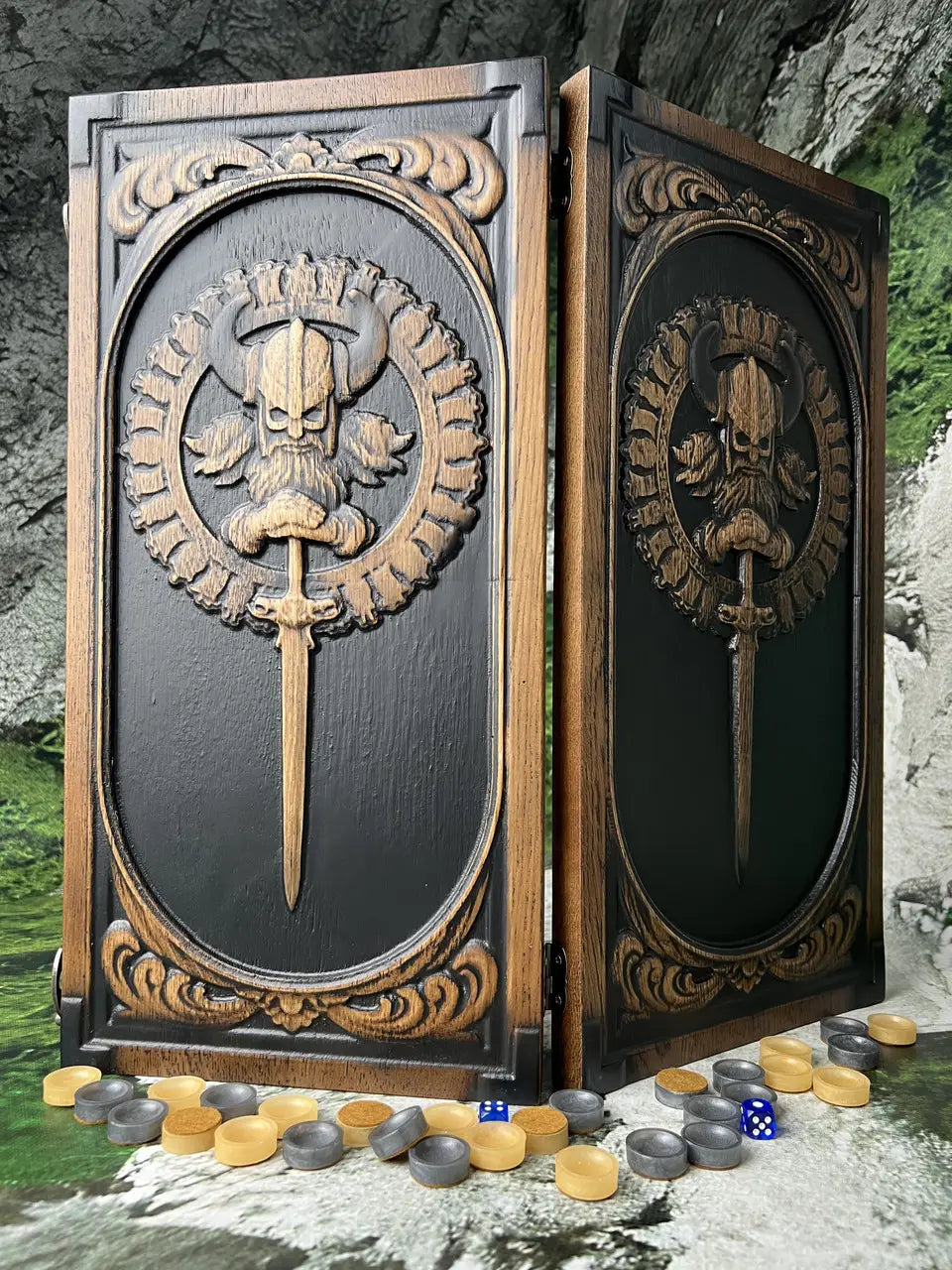 Luxury wooden backgammon featuring hand-carved Viking warriors