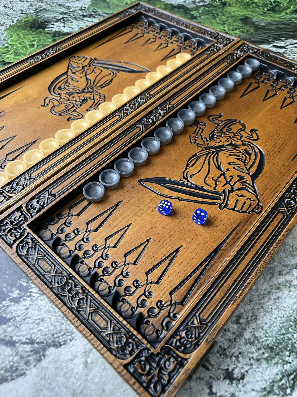Premium handmade Viking backgammon board with resin checkers and dice