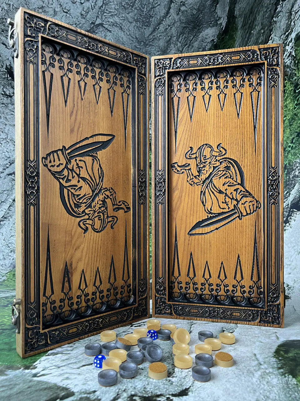 Luxury ash wood backgammon set inspired by Norse mythology