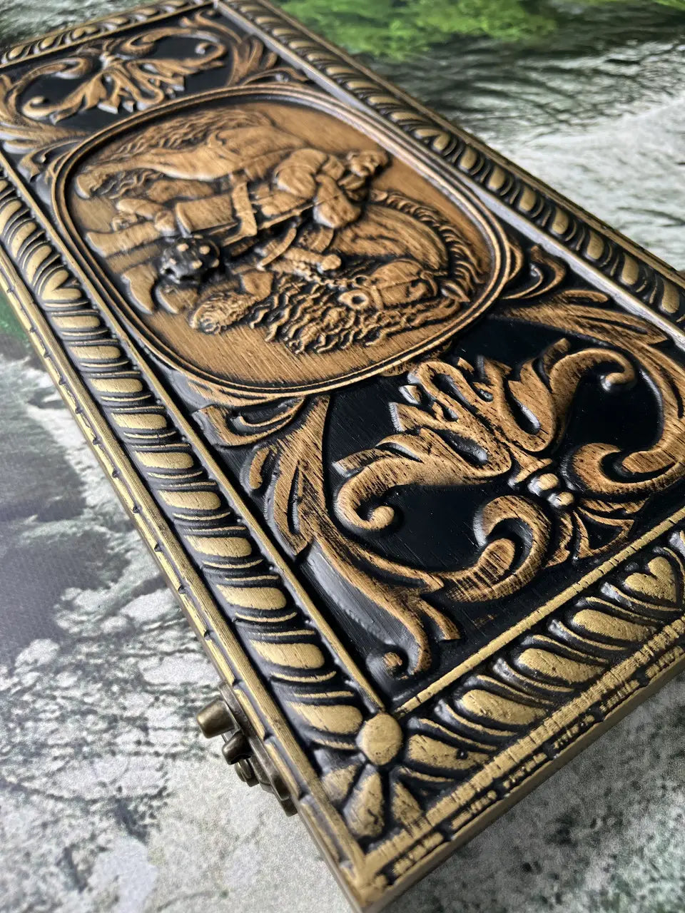 Open wooden backgammon board with Ukrainian warrior carvings