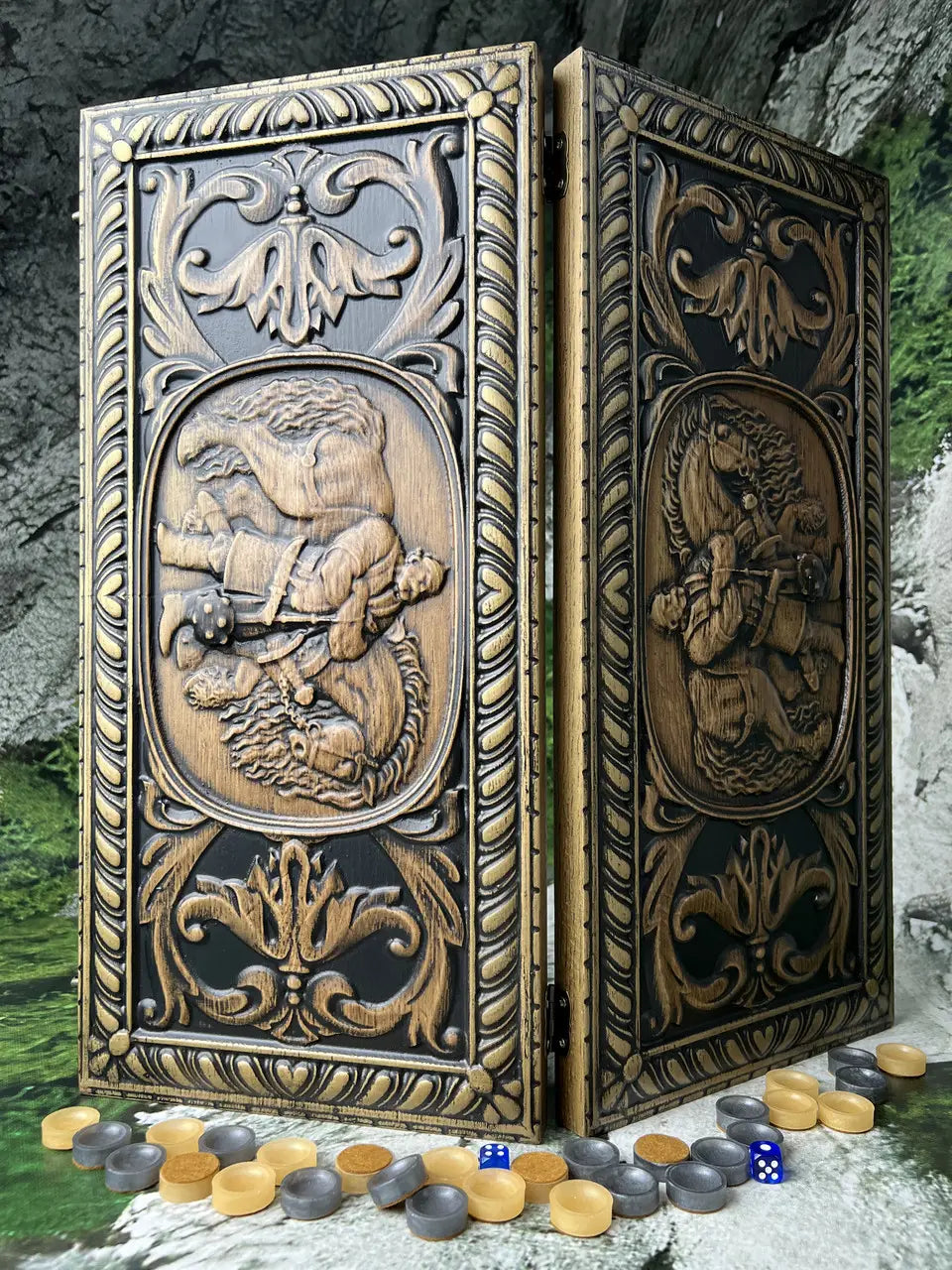 Close-up of wooden backgammon board with Ukrainian trident design