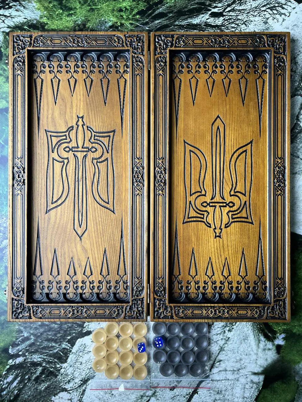 Standing wooden backgammon set with carved warrior and horse design
