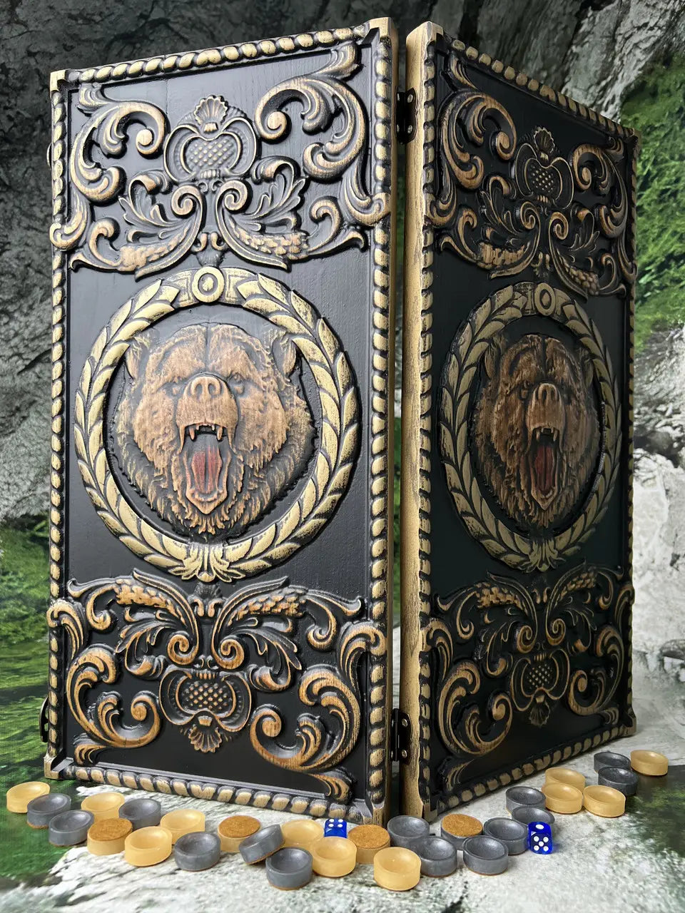 Carved wooden backgammon set with elegant bear artwork