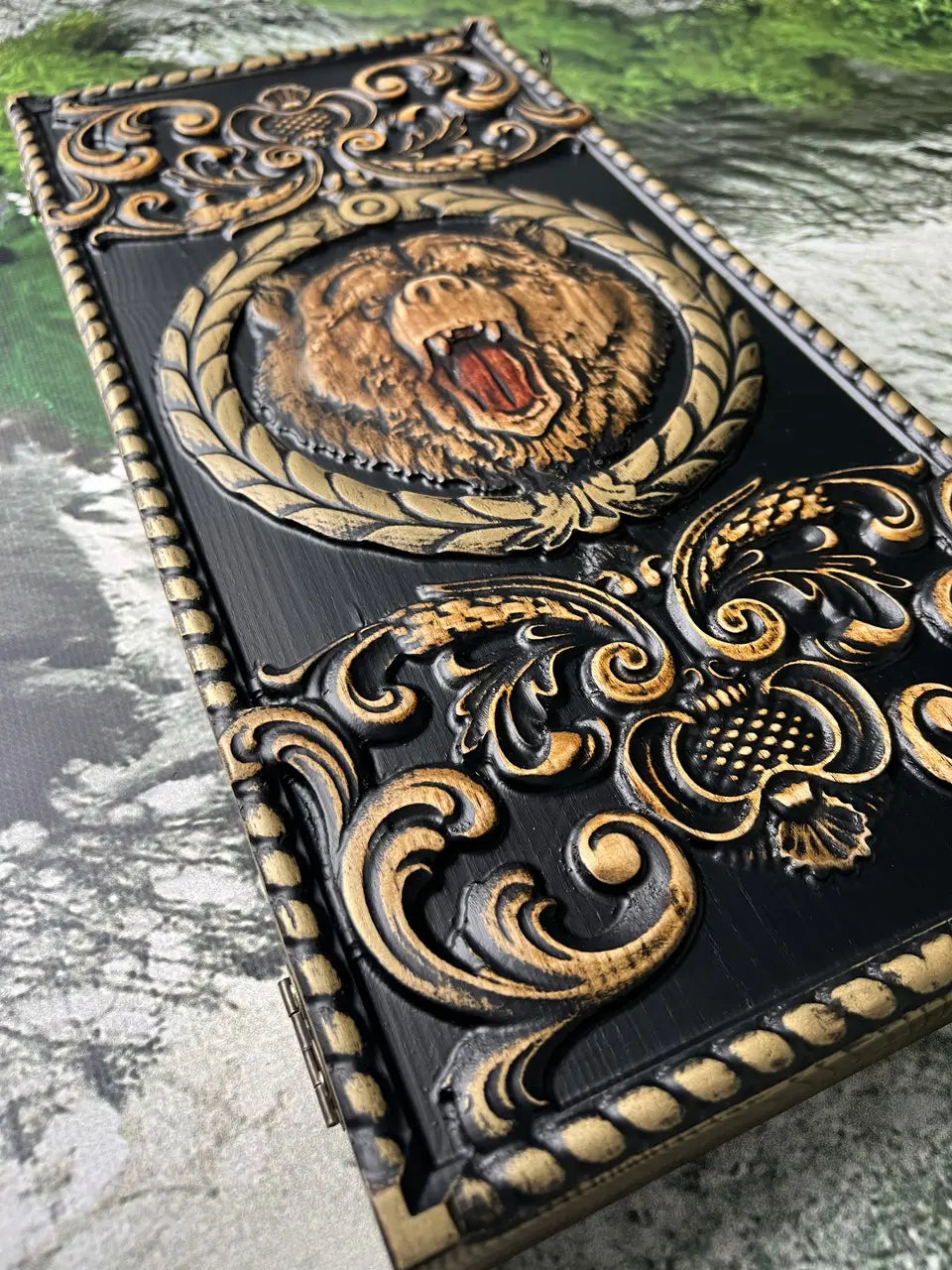 Handmade wooden backgammon set with carved bear design