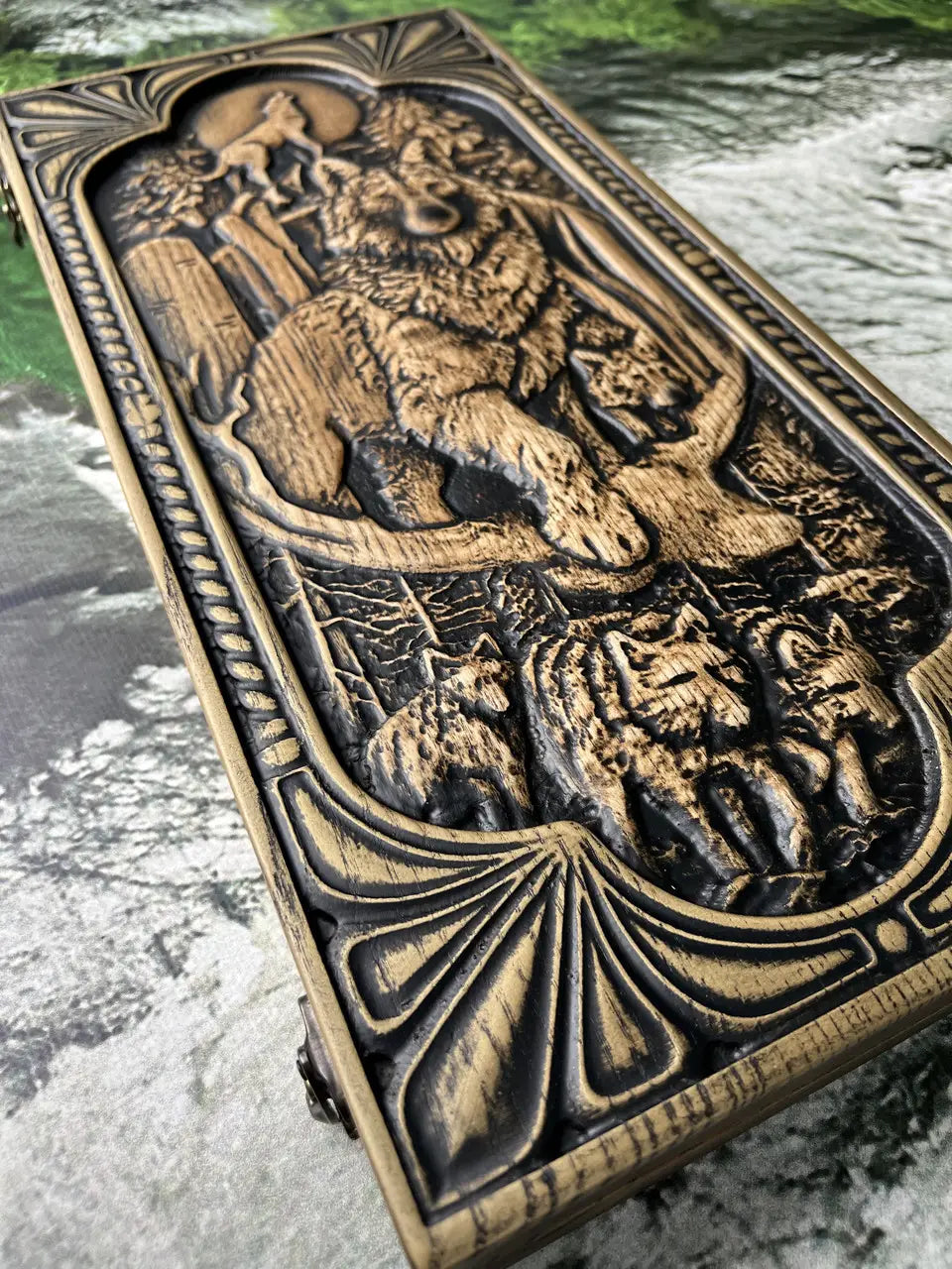 Handmade wolf wooden backgammon board with carved wolf head design