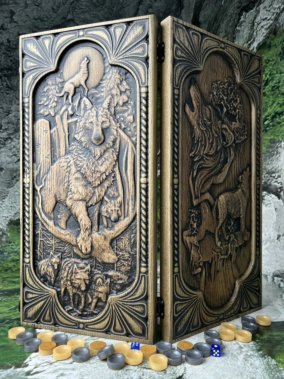 Detailed wolf carving on handmade wooden backgammon board