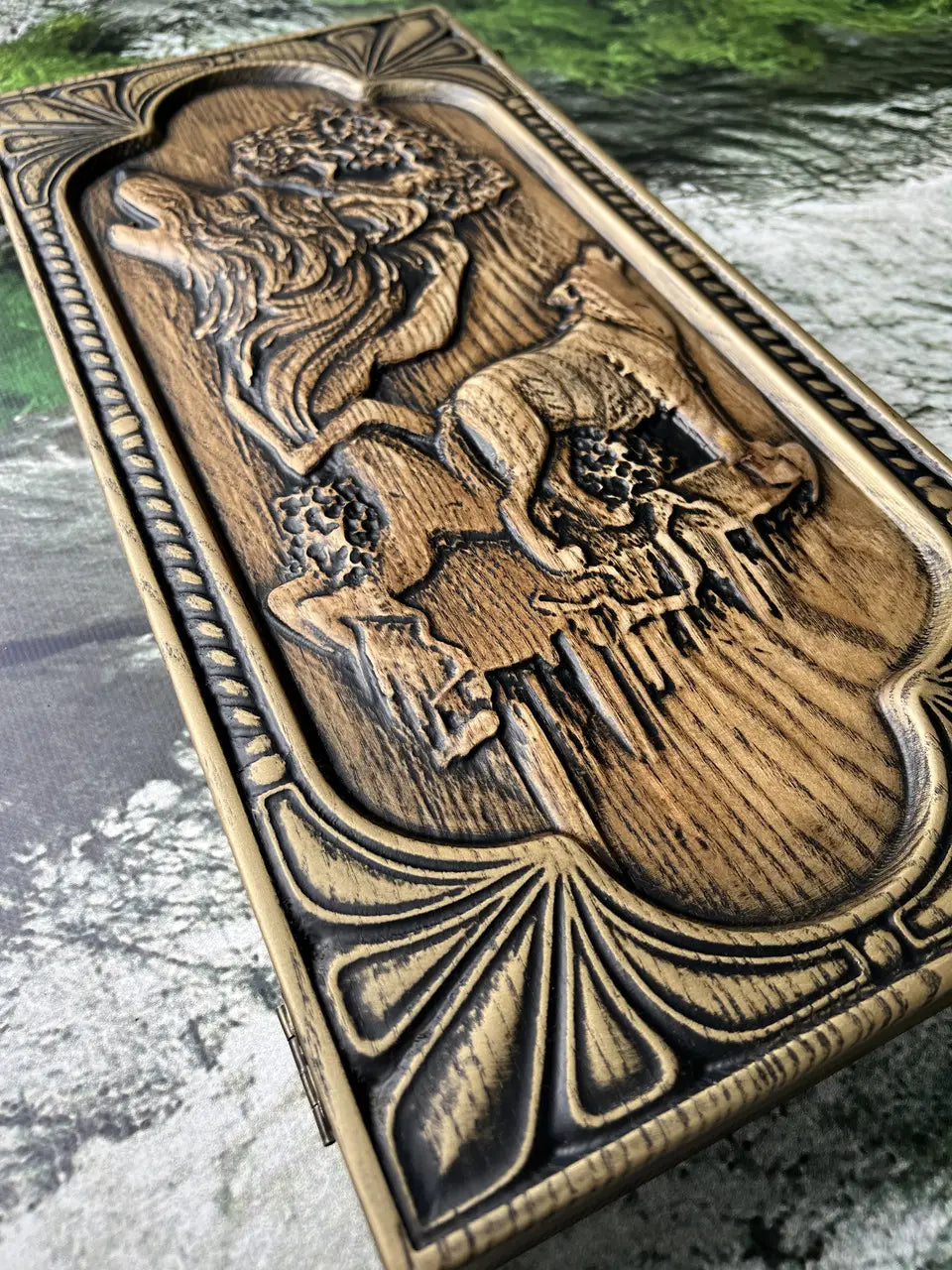 Luxury ash wood backgammon board with ornamental carved interior
