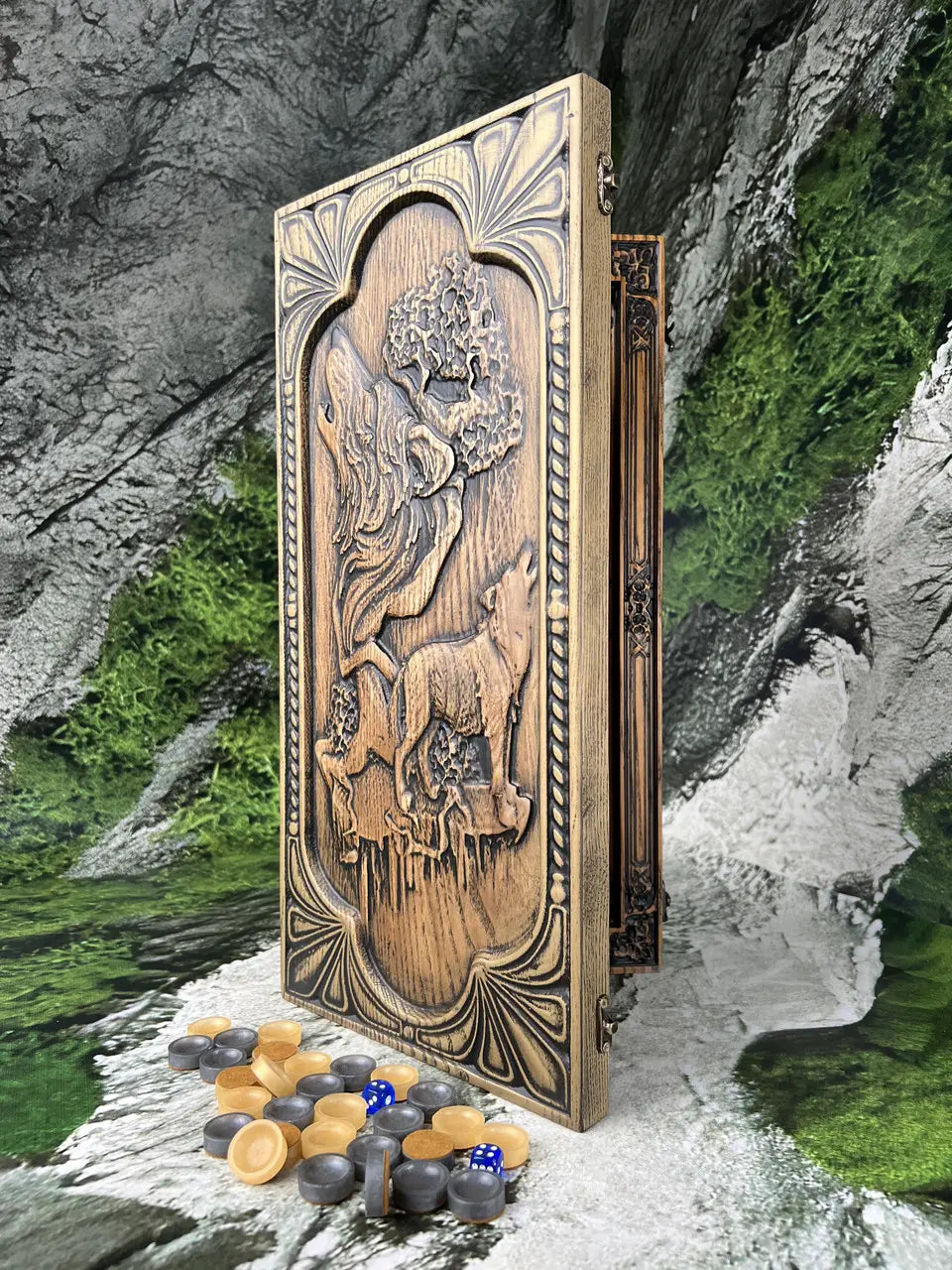 Premium handmade wolf backgammon set crafted from natural ash wood