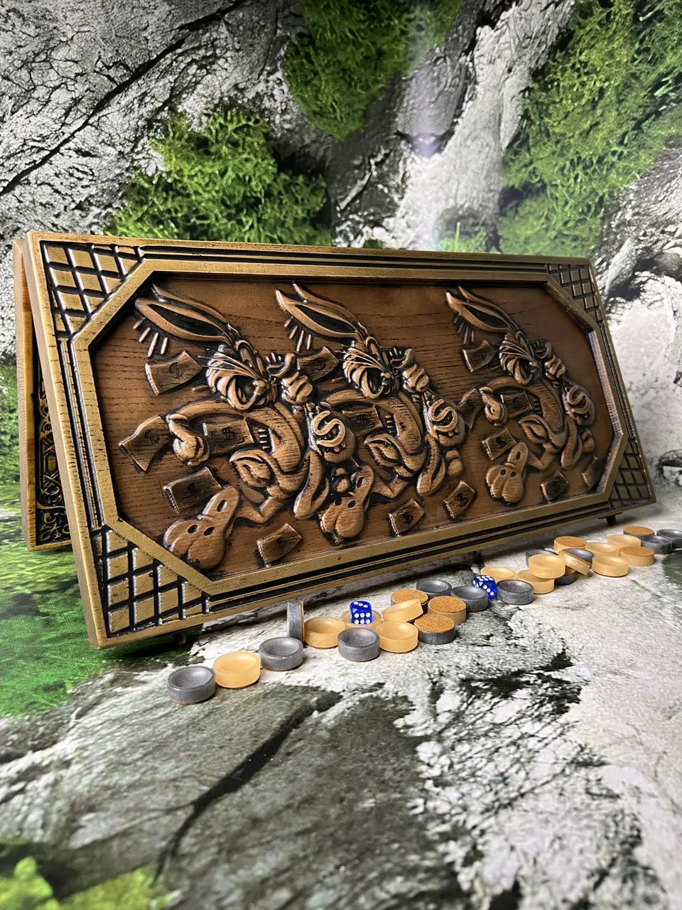 Side perspective of handcrafted wooden backgammon with Bugs Bunny relief