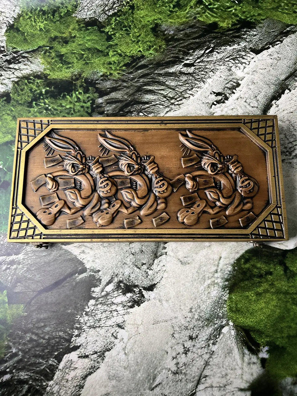 Angled view of carved Bugs Bunny wooden backgammon case