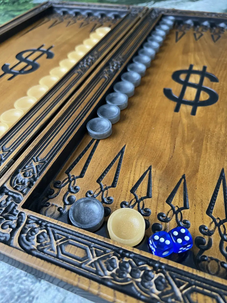 Open handcrafted ash wood backgammon featuring dollar design