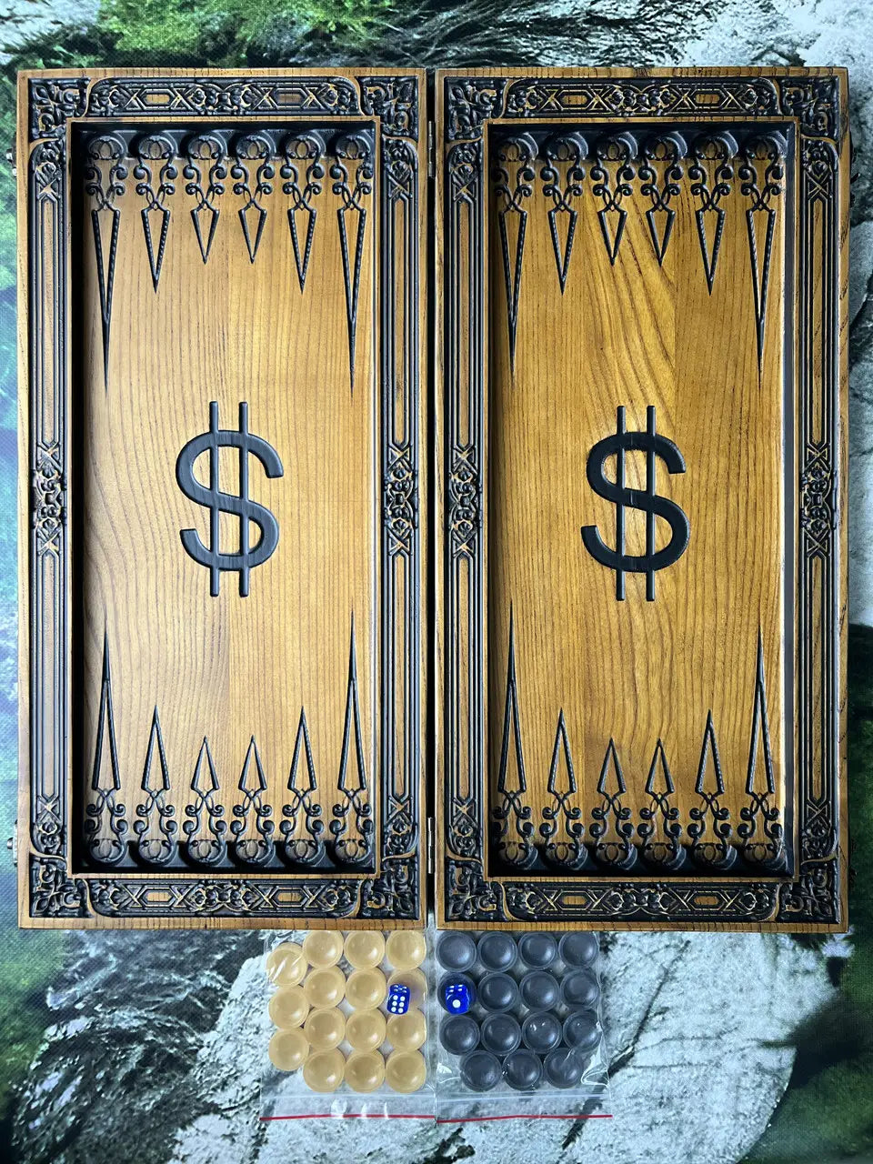Back side of handmade backgammon with carved Bugs Bunny artwork
