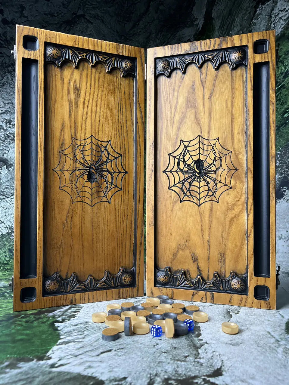 Hand-carved ash wood backgammon set with decorative spider motif