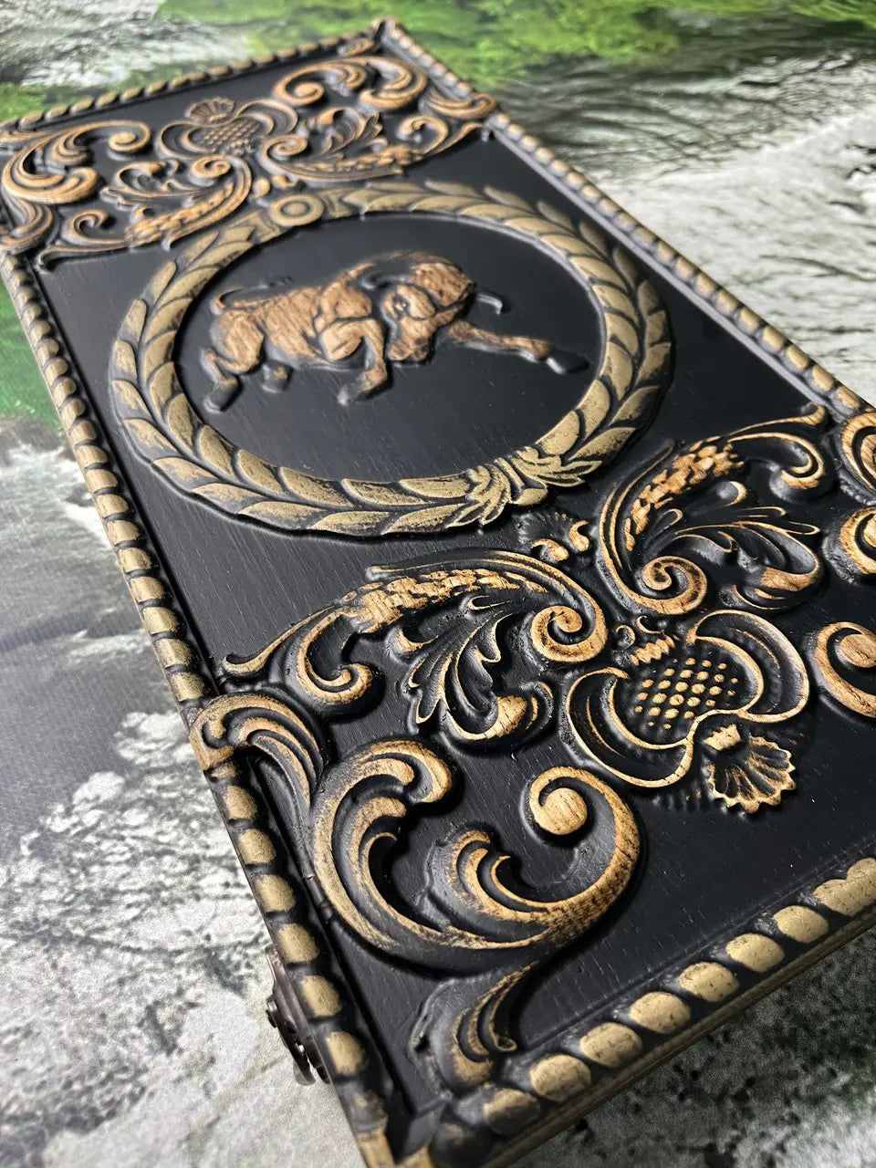Open Taurus backgammon board with carved wooden playing surface