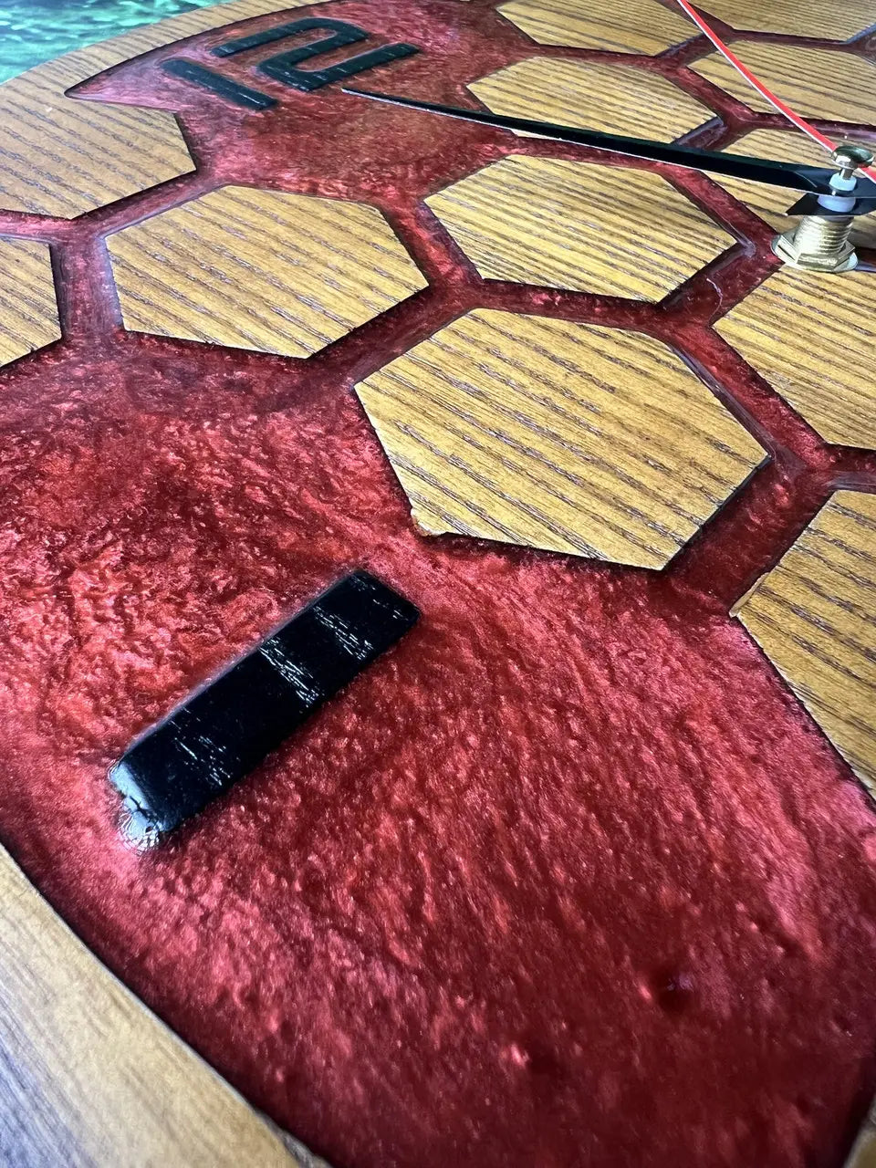 Wooden Wall Clock with geometric red epoxy resin details