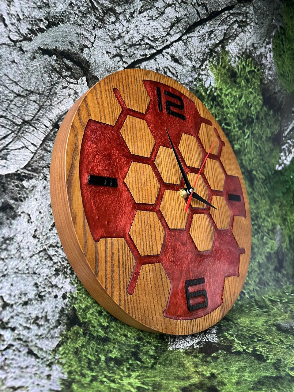 Wooden Wall Clock with red resin honeycomb design and natural wood grain