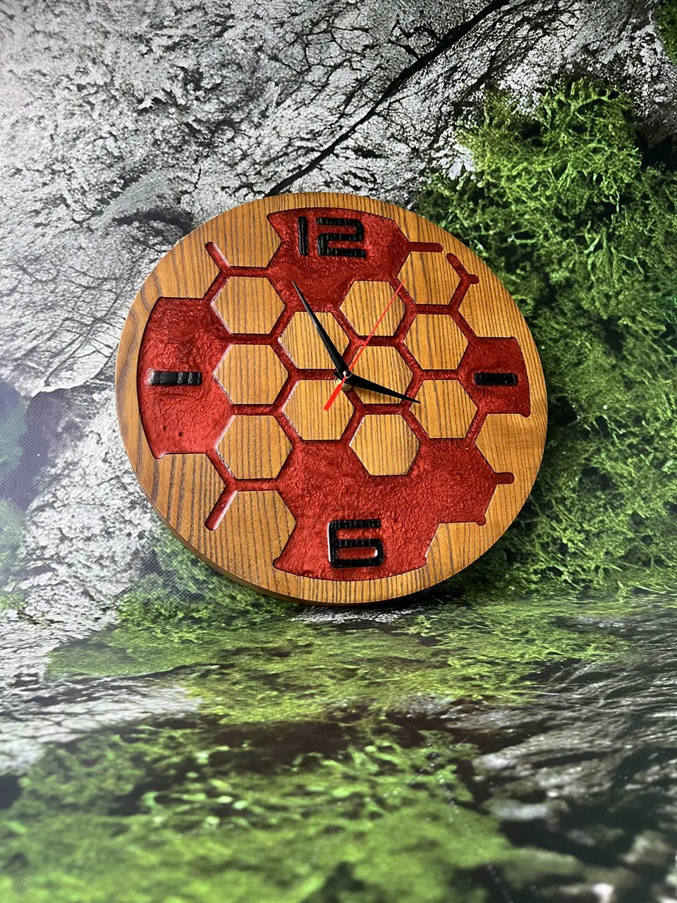 Wooden Wall Clock made from natural ash wood and red epoxy resin