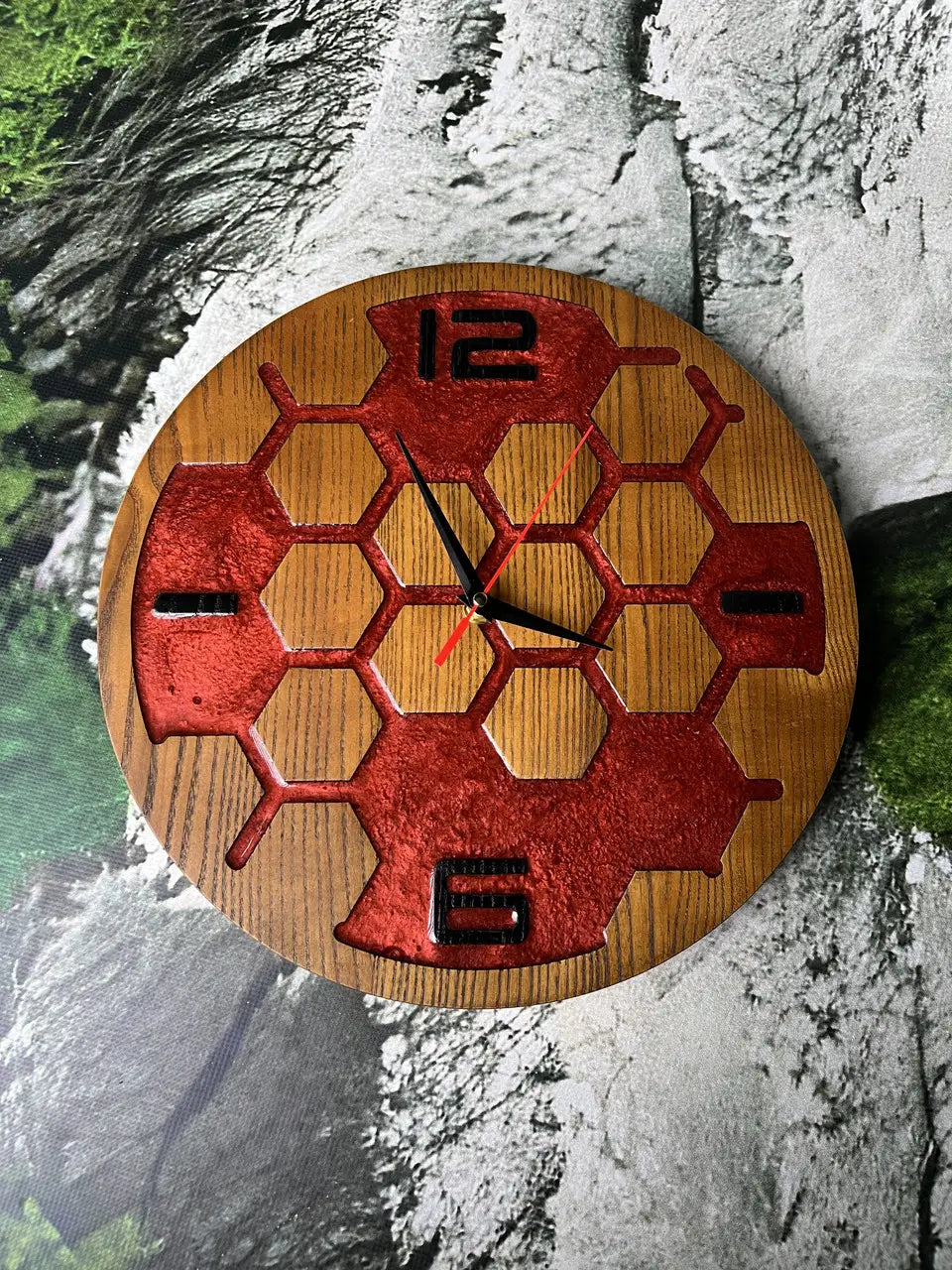 Wooden Wall Clock made of ash wood and red epoxy resin with honeycomb design