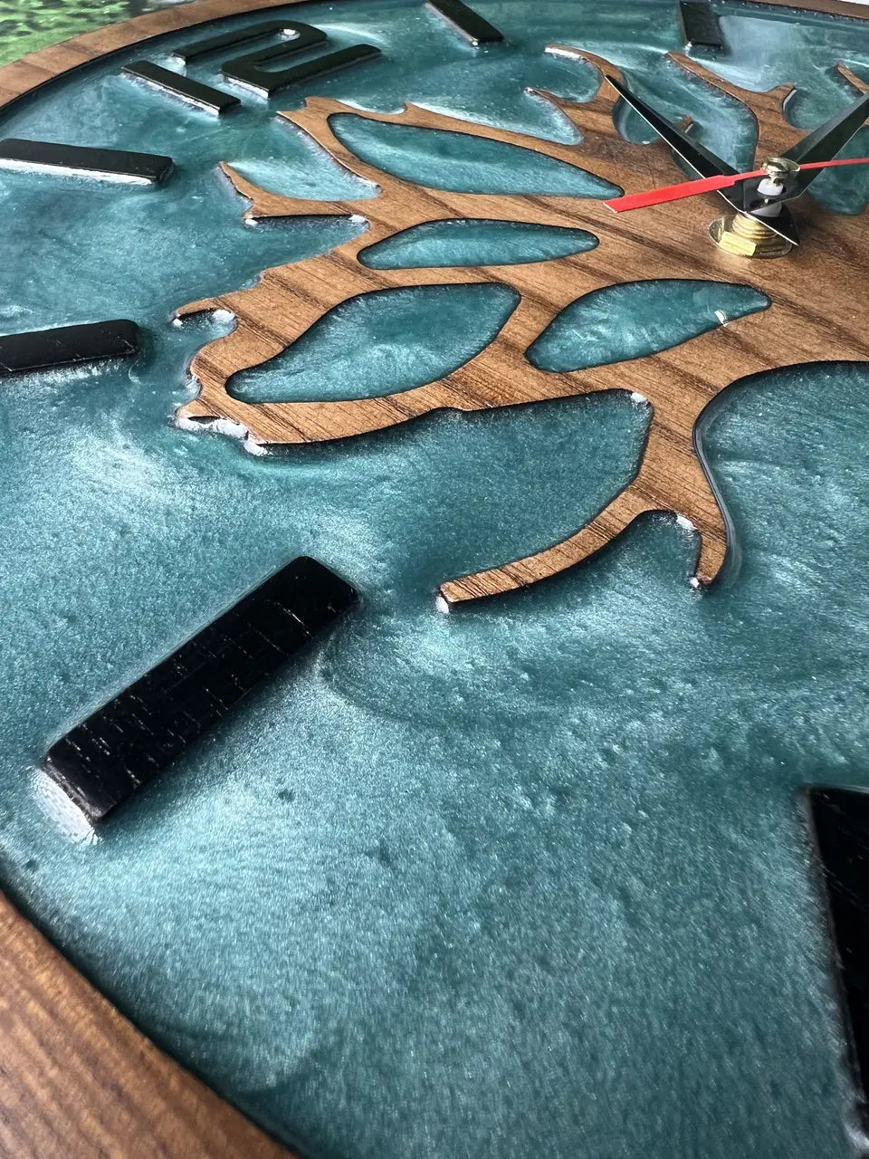 Handmade Wood Wall Clocks in natural ash wood with blue resin Tree of Life design