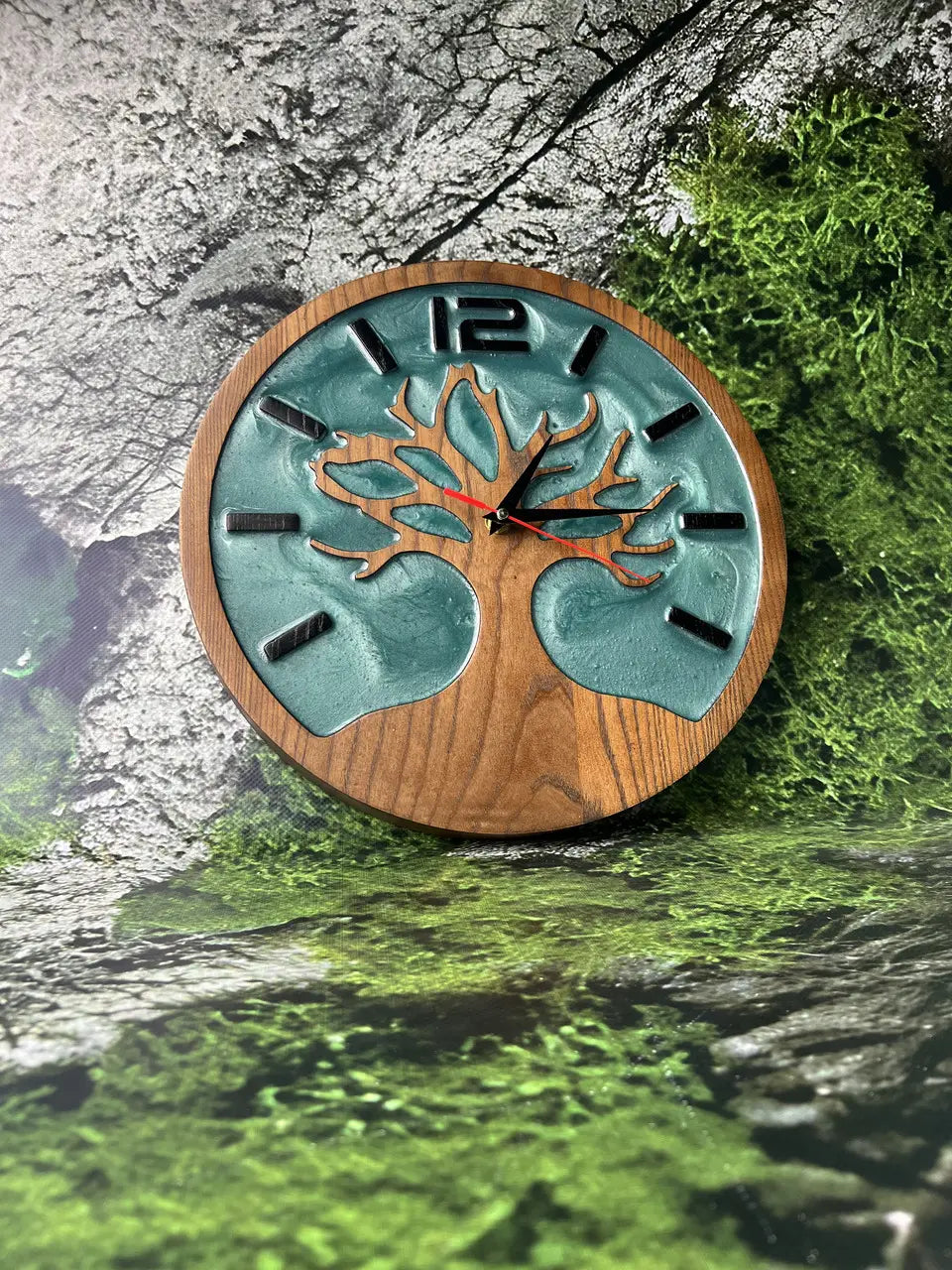 Wood Wall Clocks handcrafted from natural ash wood with turquoise resin